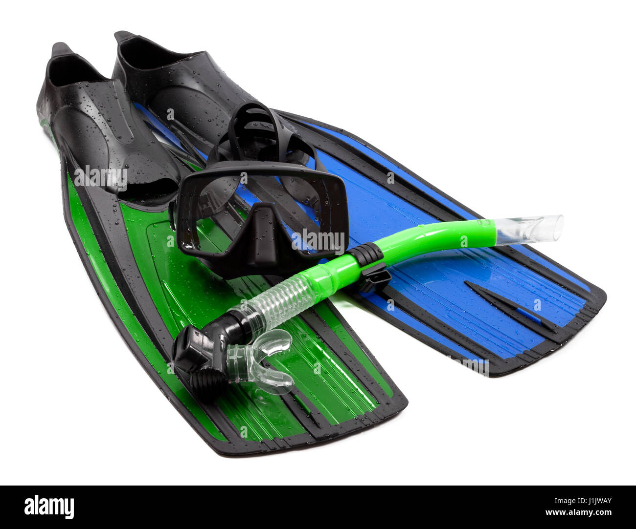 Mask, snorkel and flippers of different colors. Isolated on white ...