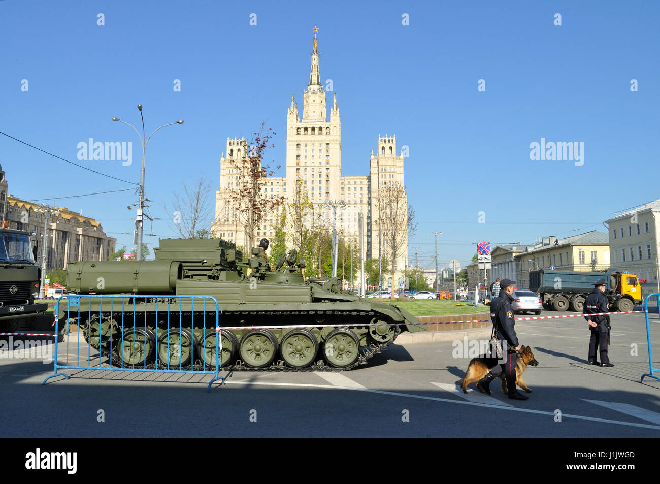 Military vehicle on the street before of a Victory Day Parade rehearsal in Moscow's Red Square. Stock Photo
