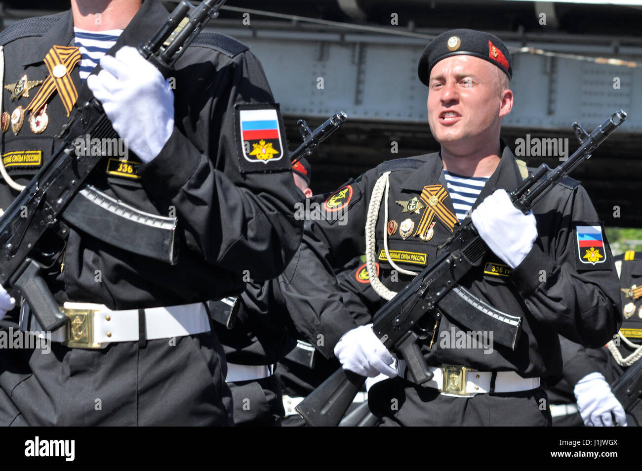 Russian Naval Infantrymen are returning from Moscow's Red Square after the Victory Day Parade. Stock Photo