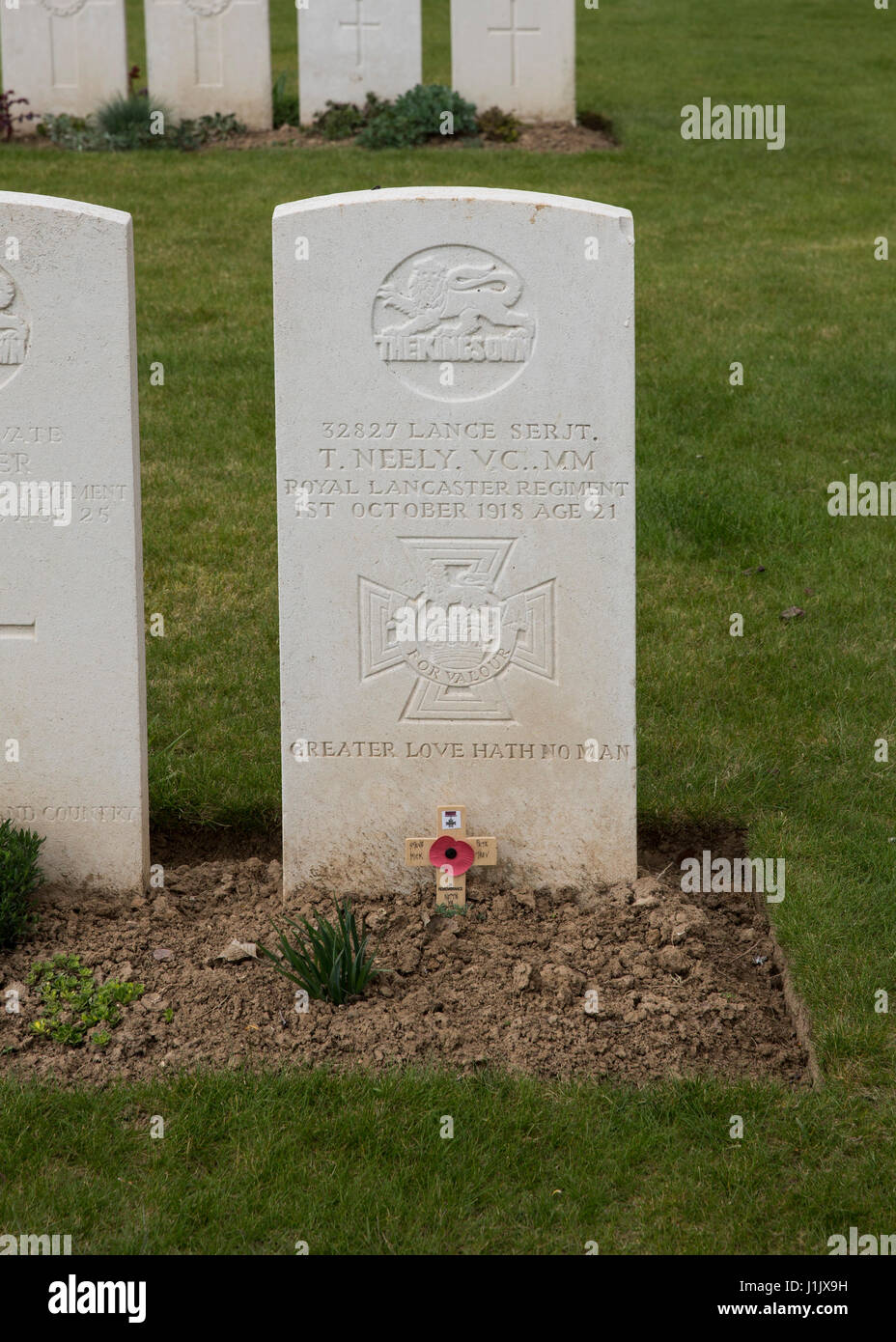 The grave of Thomas Neely VC in Masnieres Great War Cemetery, France Stock Photo