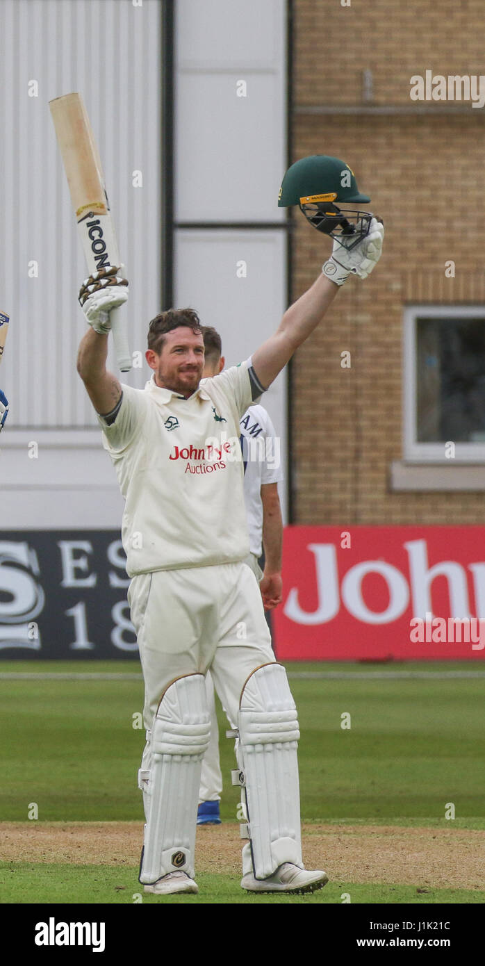 Nottinghamshire, UK. 21st Apr, 2017. County Cricket: Nottinghamshire v Sussex Riki Wessels celebrates his century for Notts in thier first innings against Sussex Credit: David Kissman/Alamy Live News Stock Photo