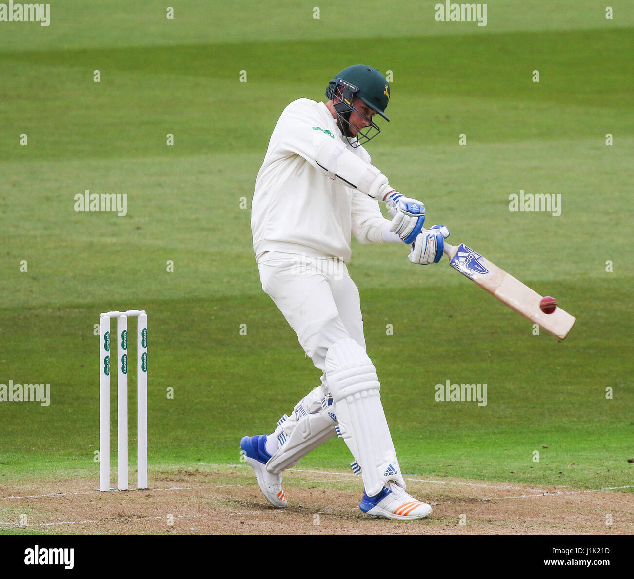 Nottinghamshire, UK. 21st Apr, 2017. County Cricket: Nottinghamshire v Sussex Stuart Broad on his way to a half century for Notts against Sussex Credit: David Kissman/Alamy Live News Stock Photo