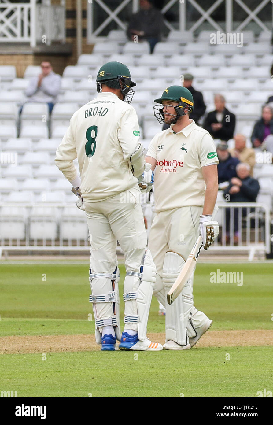 Nottinghamshire, UK. 21st Apr, 2017. County Cricket: Nottinghamshire v Sussex Stuart Broad and Riki Wessels celebrate their partnership of 100 in Nottinghamshire's first innings against Sussex Credit: David Kissman/Alamy Live News Stock Photo