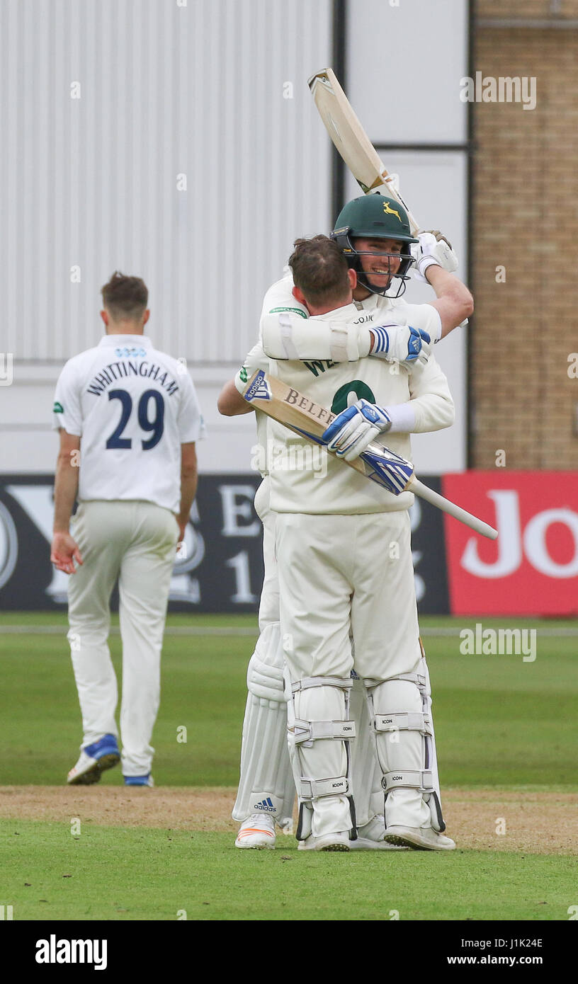 Riki Wessels and Chris Broad celebrate reaching 100 partnership in the Specsavers County Championship second division game between Nottinghamshire and Sussex at Trent Bridge Stock Photo