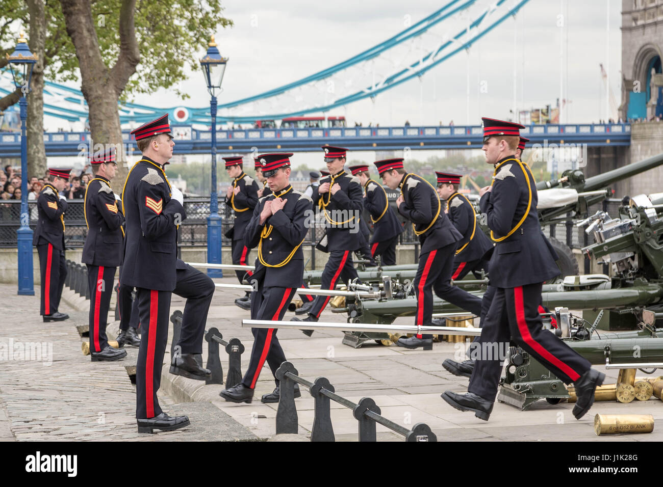 London, UK. 21st April, 2017. 62-gun salute fired by the Honourable Artillery Company at the Tower of London on the occasion of The Queen’s 91st birthday. Credit: Guy Corbishley/Alamy Live News Stock Photo
