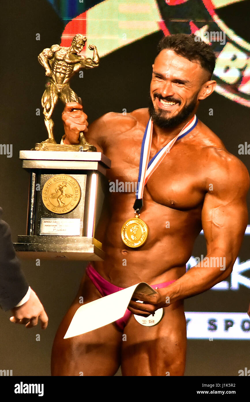 Competitor during bodybuilding competition category Stock Photos