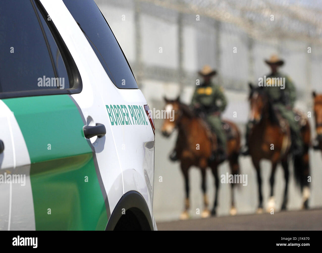 San Ysidro, CA, USA. 21st Apr, 2017. The San Diego Sector Customs and Border Protection horse patrol rode along the border with Mexico before a press conference featuring attorney general Jeff Sessions and Homeland Security Secretary John Kelly. Credit: John Gastaldo/ZUMA Wire/Alamy Live News Stock Photo