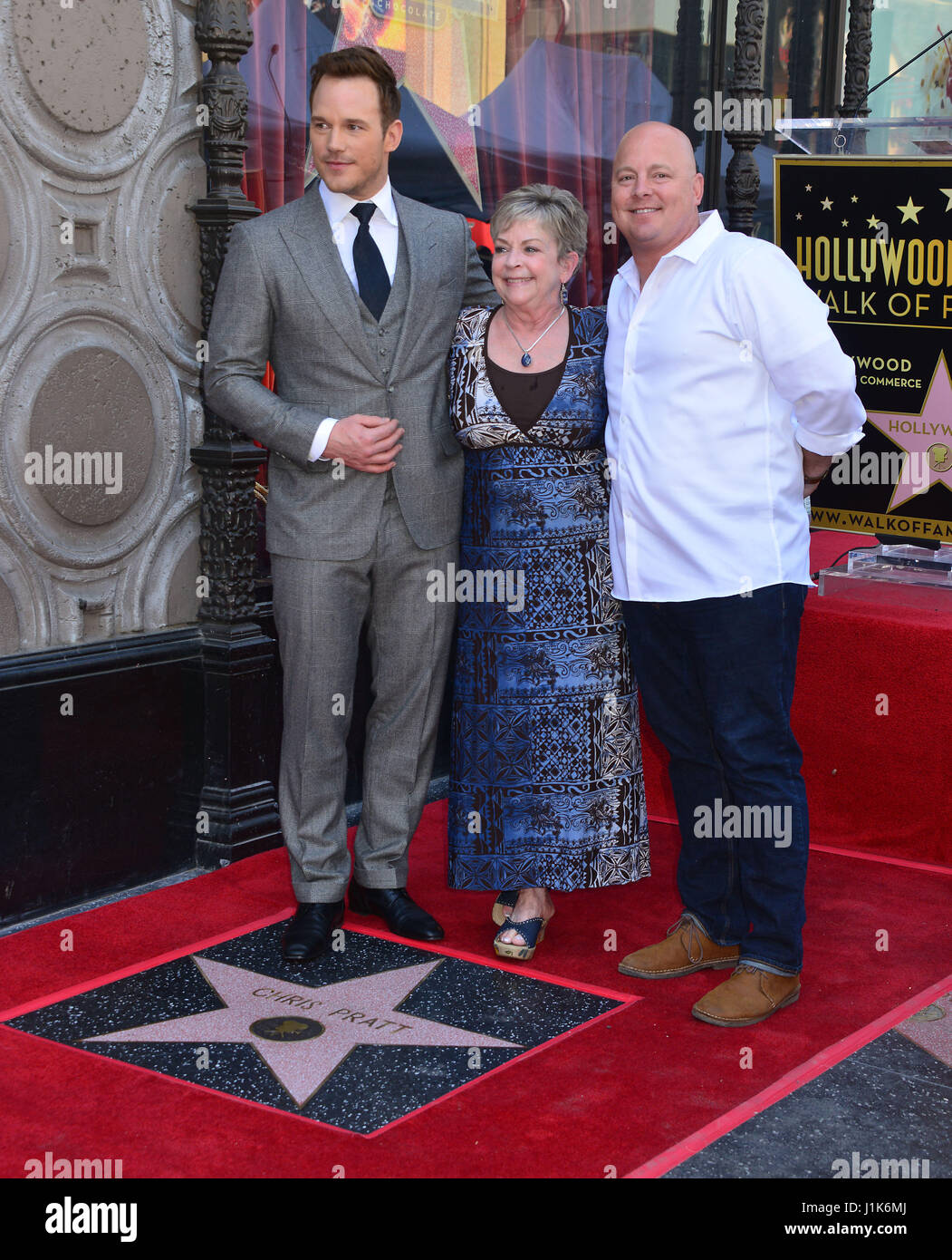 Chris Pratt Star 055 and mom at the Chris Pratt Star ceremony on the Hollywood Walk of Fame in Los Angeles. April 21, 2017 Stock Photo