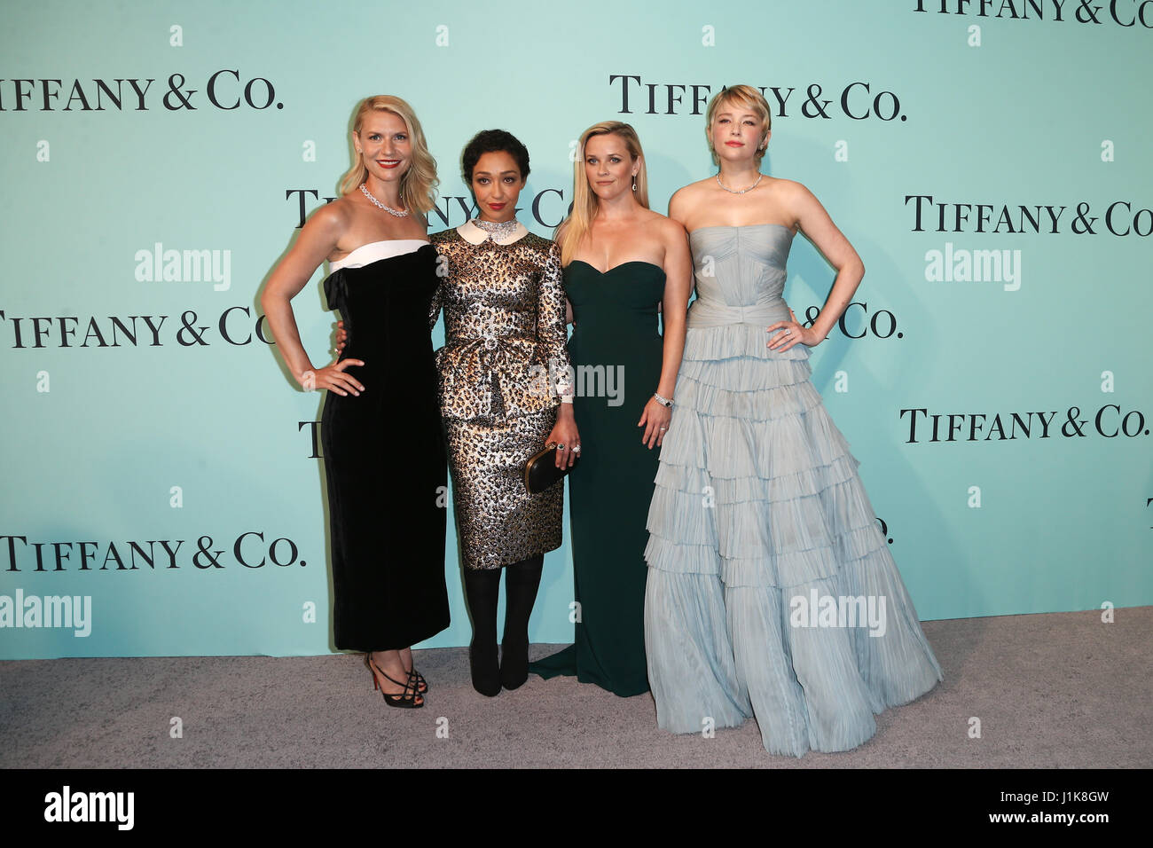 (L-R) Claire Danes, Ruth Negga, Reese Witherspoon and Haley Bennett attend the Tiffany & Co. 2017 Blue Book Gala at St. Ann's Warehouse on April 21, 2017 in Brooklyn, New York. Stock Photo