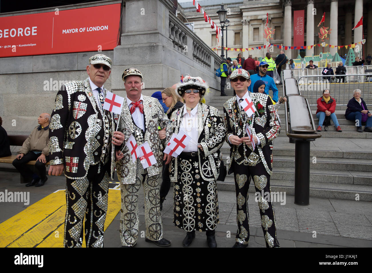 Trafalgar Square,UK,22nd April 2017,Pearly Kings and Queens attend The Annual Feast of St George celebrations which took place in Trafalgar Square London attended by Sadiq Khan Mayor of London.There were free activities for children,food stalls and people dressed in costumes©Keith Larby/Alamy Live News Stock Photo