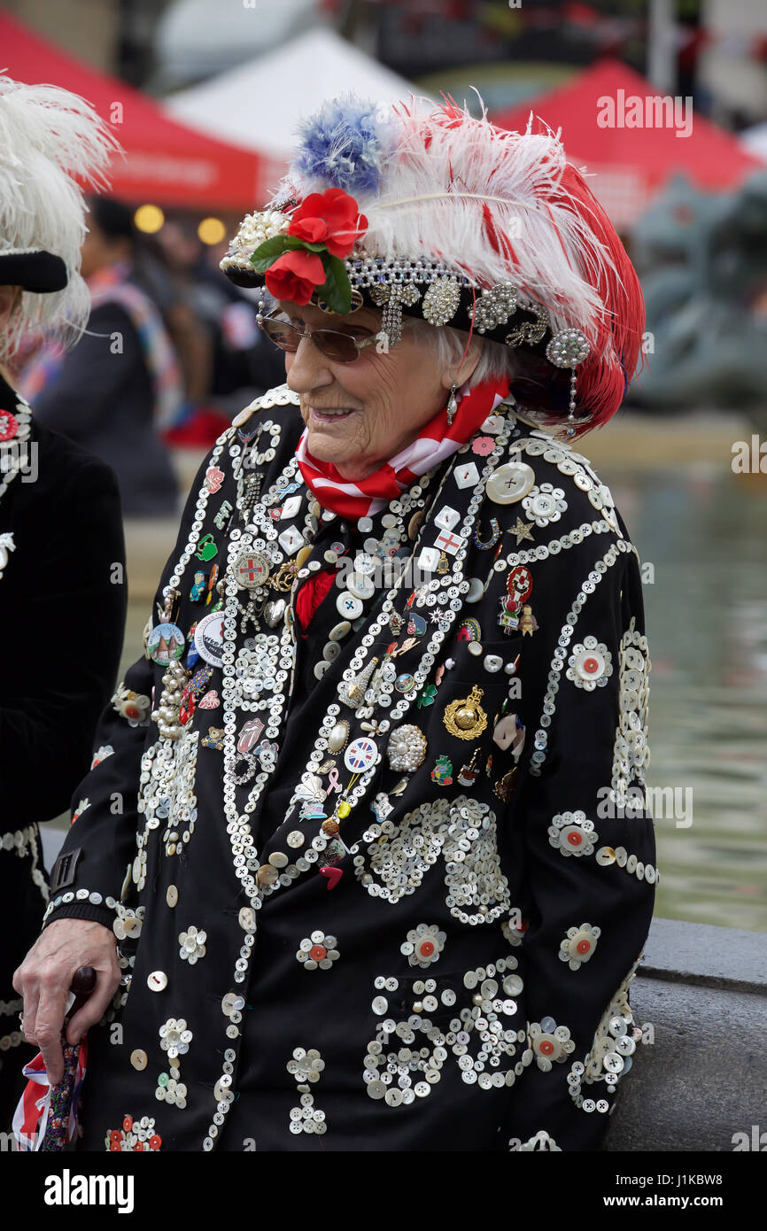 Trafalgar Square,UK,22nd April 2017,Pearly Kings and Queens attend The Annual Feast of St George celebrations which took place in Trafalgar Square London attended by Sadiq Khan Mayor of London.There were free activities for children,food stalls and people dressed in costumes©Keith Larby/Alamy Live News Stock Photo