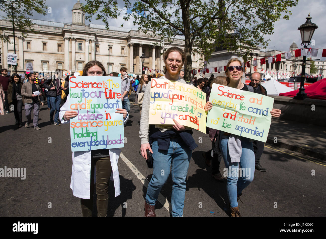 London, UK. 22nd April, 2017. Scientists march through central London on the ‘March for Science’ as part of a global protest march in the name of science. The organisers of the march, which took place on Earth Day, stated that science is ‘under attack’ from the administration of President Trump, with cuts to research funding into climate change and cancer and controversial statements by advisors such as Scott Pruitt, head of the US Environmental Protection Agency, who denied that carbon dioxide emissions are a primary cause of global warming. Stock Photo