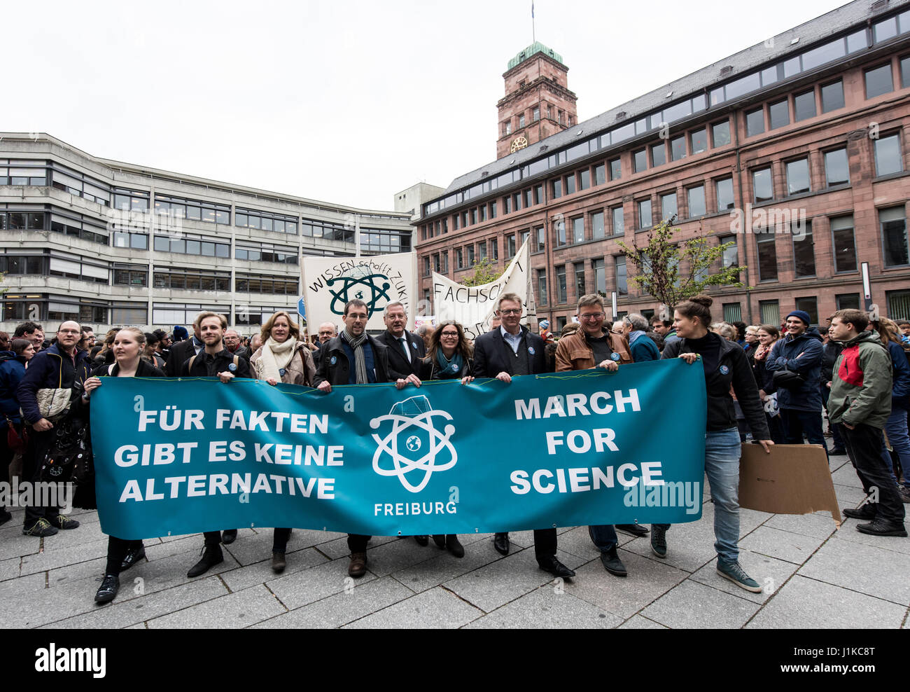Freiburg, Germany. 22nd Apr, 2017. Protestors carry a banner reading 'There is no alternative for facts' during the demonstration 'March for Science' in Freiburg, Germany, 22 April 2017. Researchers, teachers and students are taking to the streets globally in order to demonstrate for fact based politics and academia. Photo: Patrick Seeger/dpa/Alamy Live News Stock Photo
