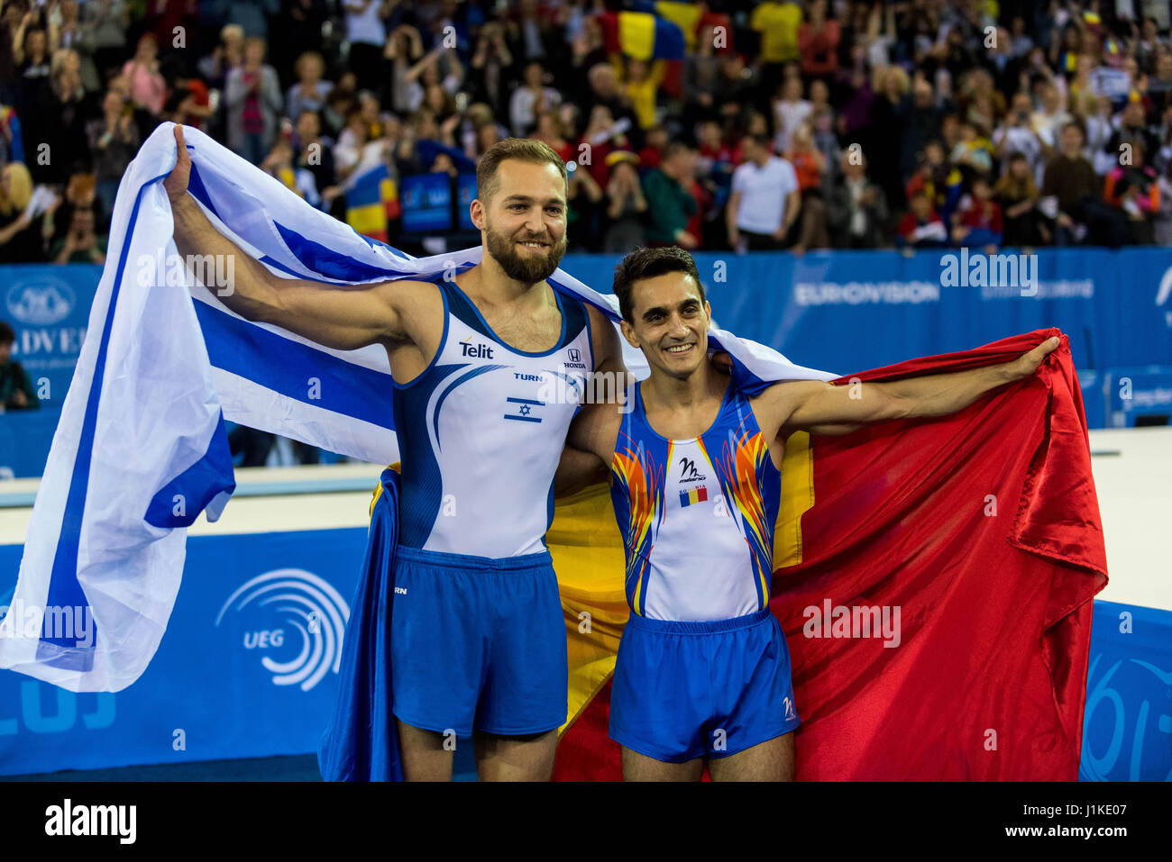 Left to right: Alexander Shatilov (ISR) - bronze medal - and Marian Dragulescu (ROU) - gold medal - during the floor Awarding Ceremony Men's Apparatus Finals at the European Men's and Women's Artistic Gymnastics Championships in Cluj Napoca, Romania. 22.04.2017 Photo: Catalin Soare/dpa Stock Photo