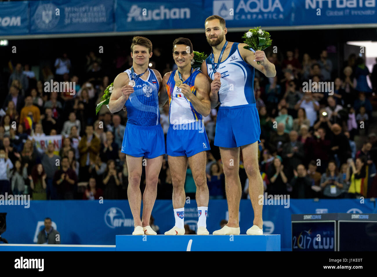 Dmitrii Lankin (RUS) Marian Dragulescu (ROU) Alexander Shatilov (ISR) during the floor Awarding Ceremony Men's Apparatus Finals at the European Men's and Women's Artistic Gymnastics Championships in Cluj Napoca, Romania. 22.04.2017 Photo: Catalin Soare/dpa Stock Photo