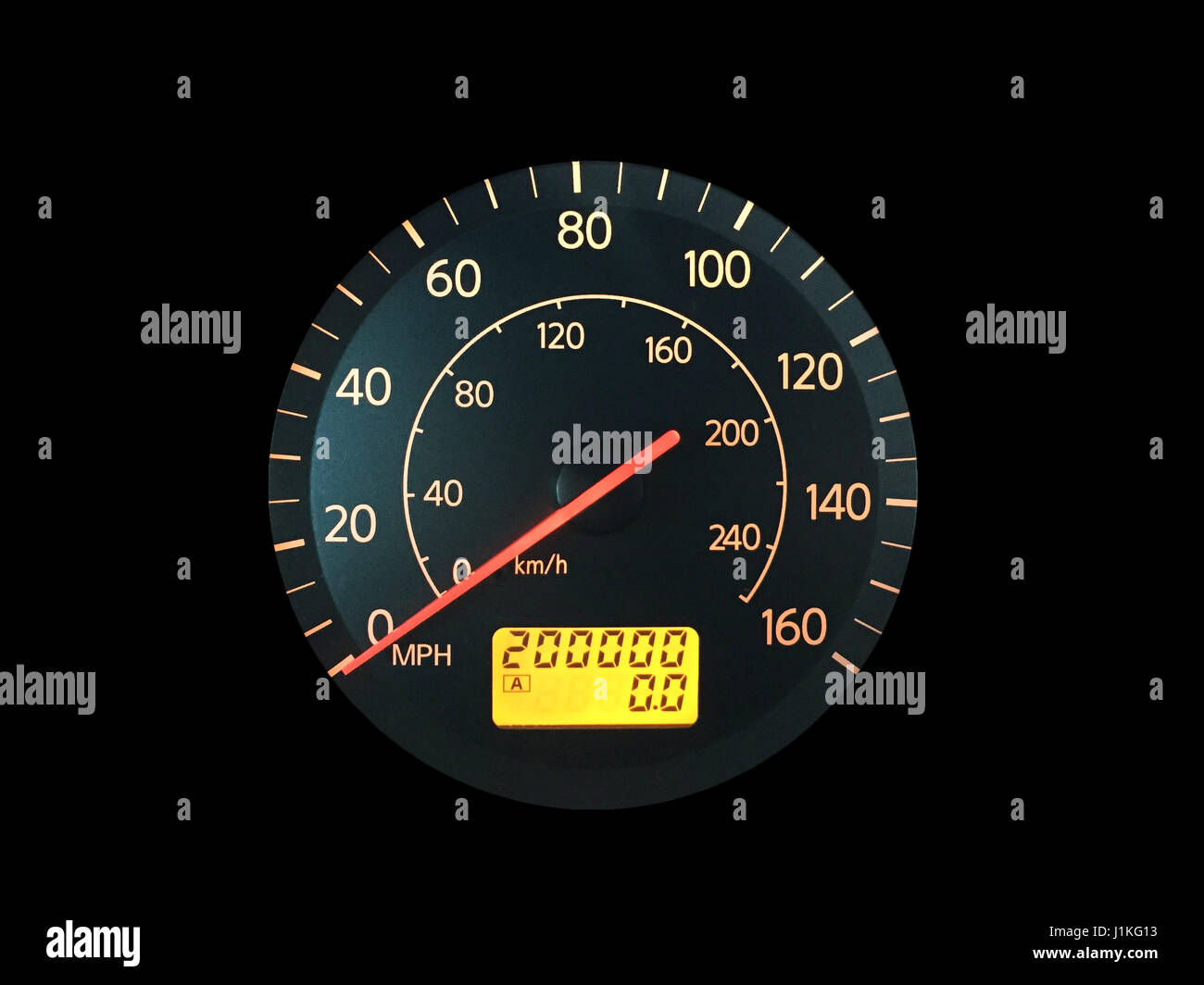 Photograph of a car speedometer with exactly 200,000 miles on the odometer.  Isolated on black.  Concepts could include age, reliability, transportati Stock Photo
