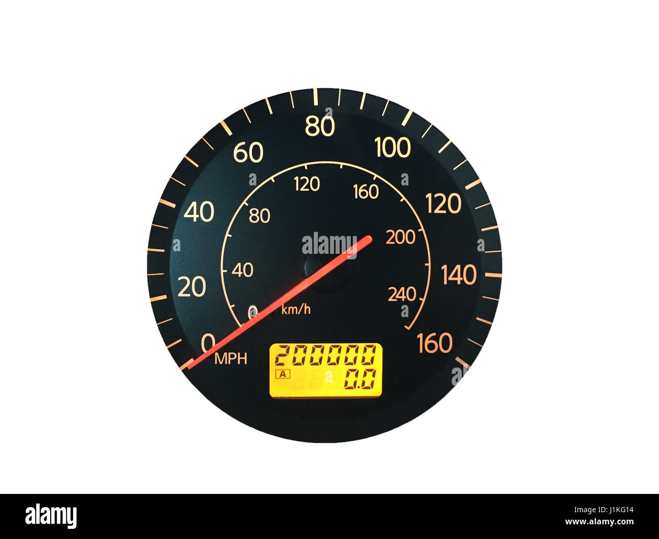 Photograph of a car speedometer with exactly 200,000 miles on the odometer.  Isolated on white.  Concepts could include age, reliability, transportati Stock Photo