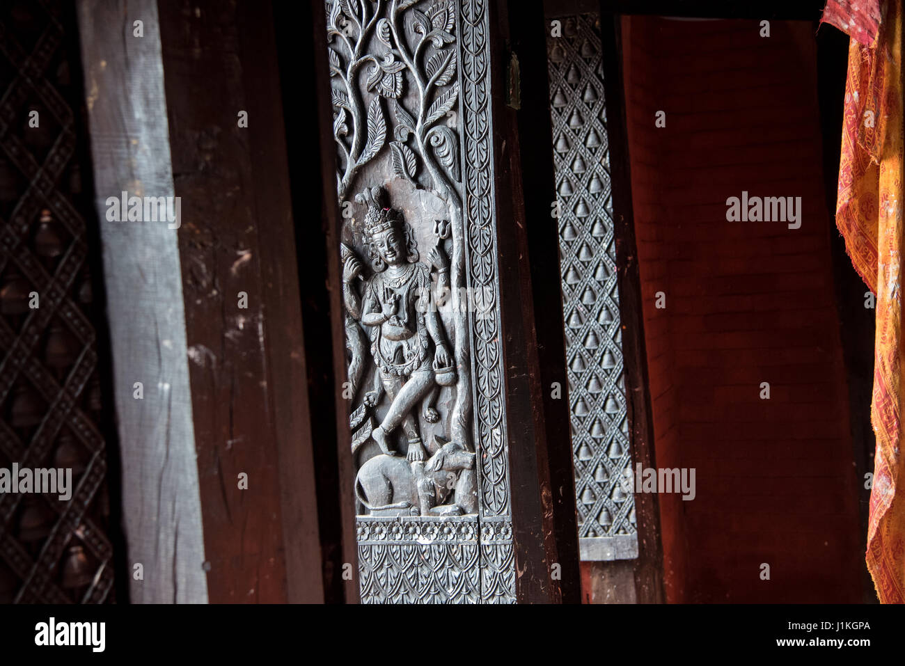 Wood carvings at Nepali Temple (Kathwala Temple) in Varanasi, India Stock Photo
