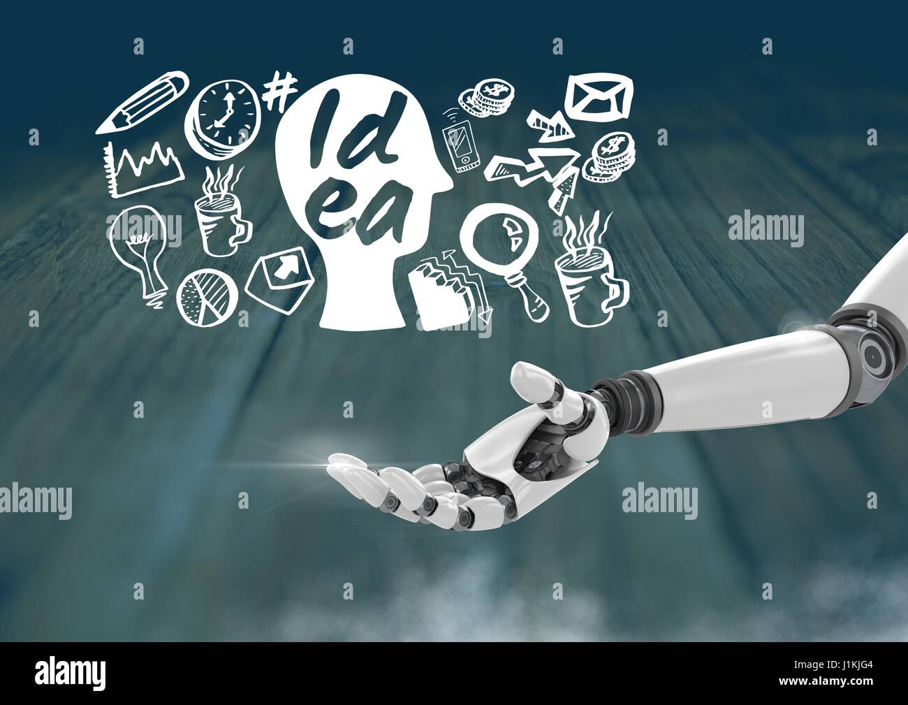 Digital composite of Android hand open and Idea text with drawings ...