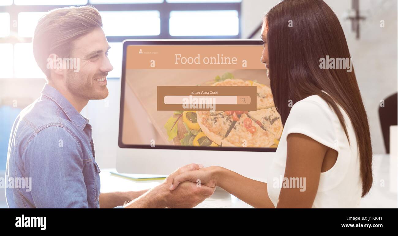 Digital composite of Man and woman shaking hands with search screen on