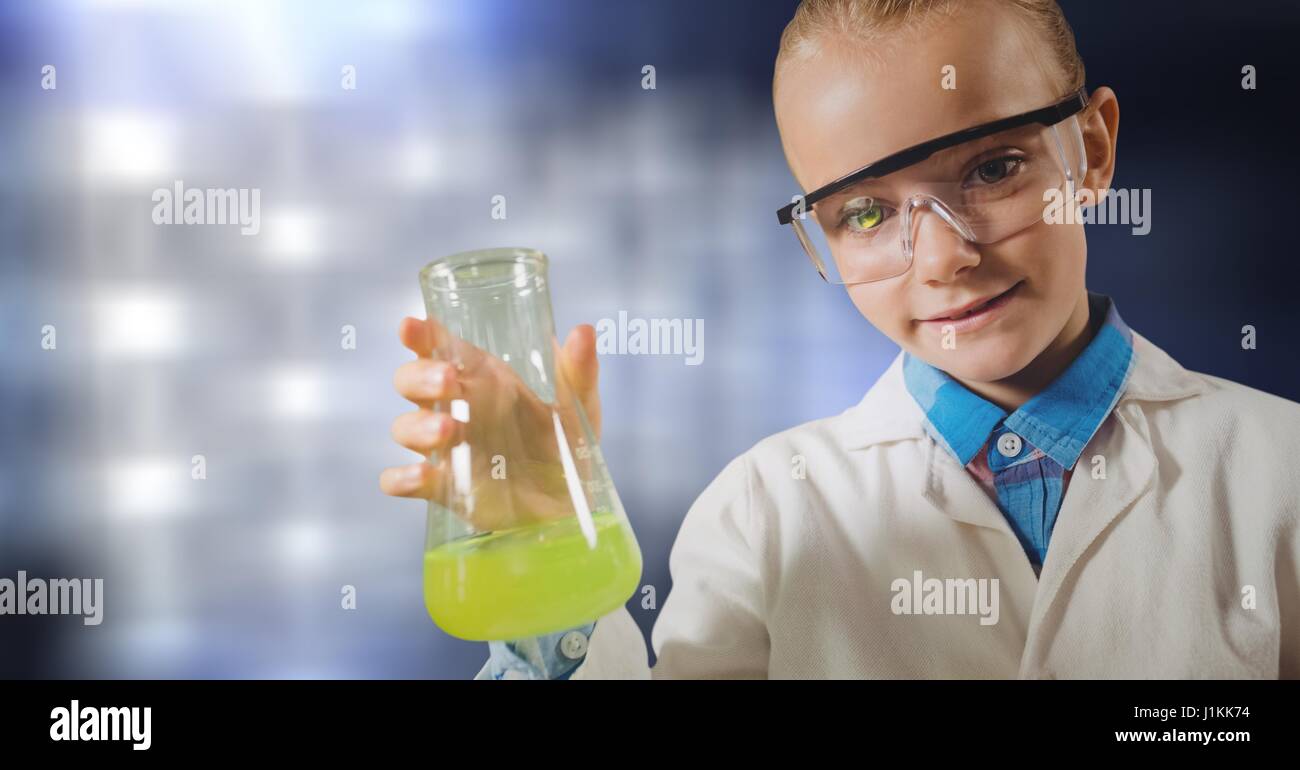 Digital composite of Little scientist holding chemical in flask Stock Photo