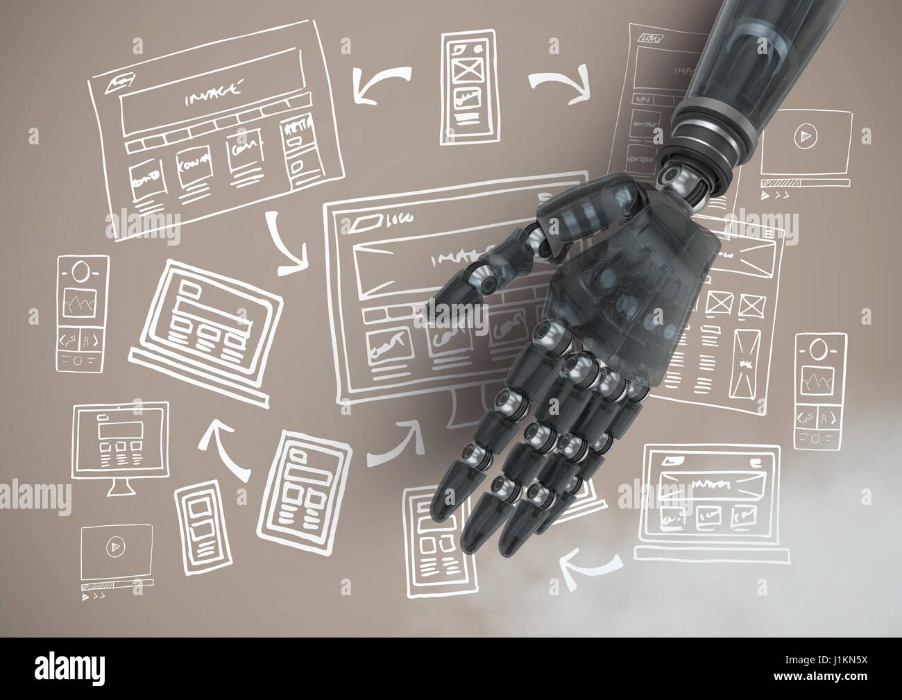 Digital composite of Android hand open and image computer drawings ...