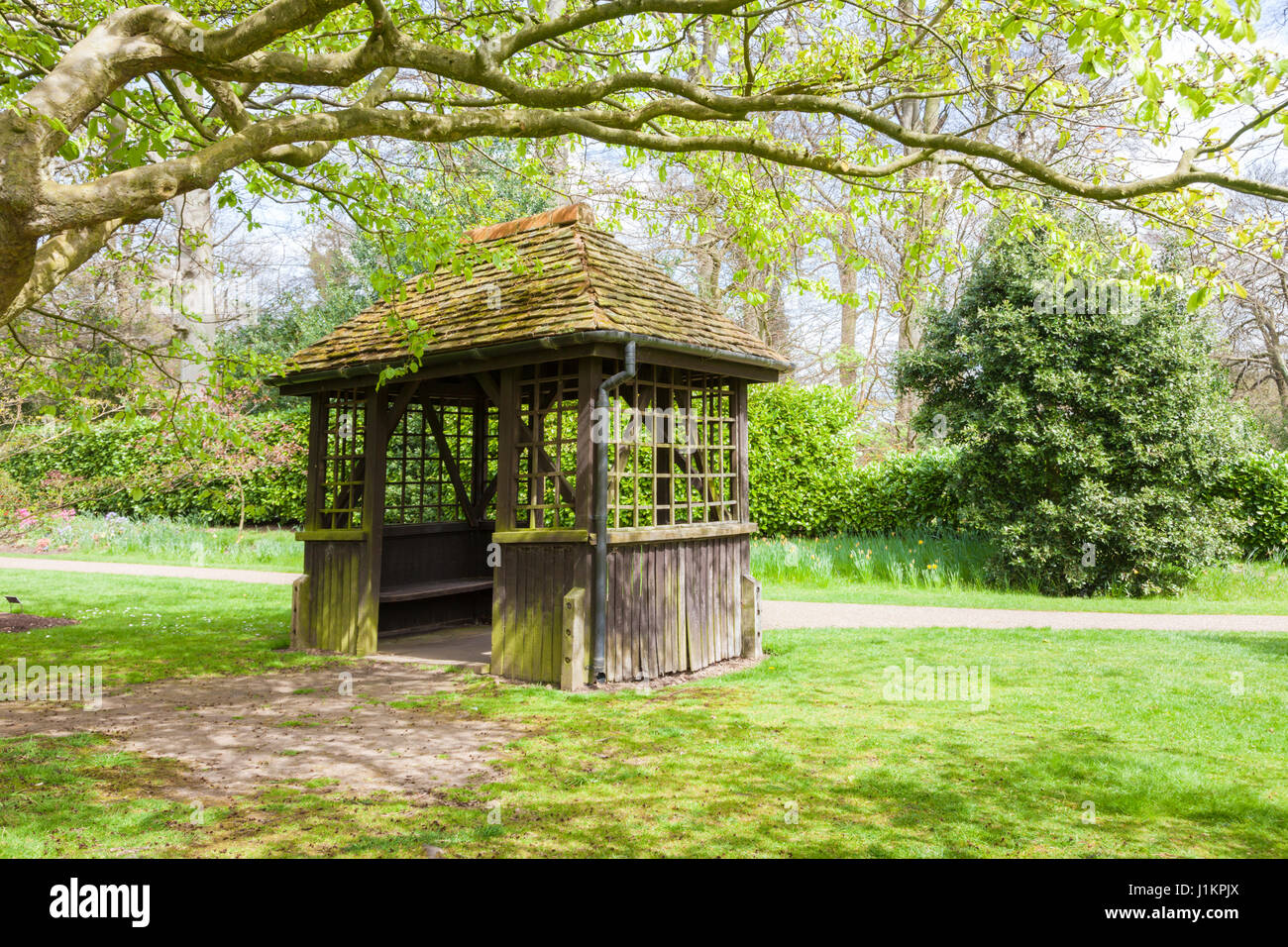 Summer house shelter in the garden of Westbourne House, Birmingham UK Stock Photo
