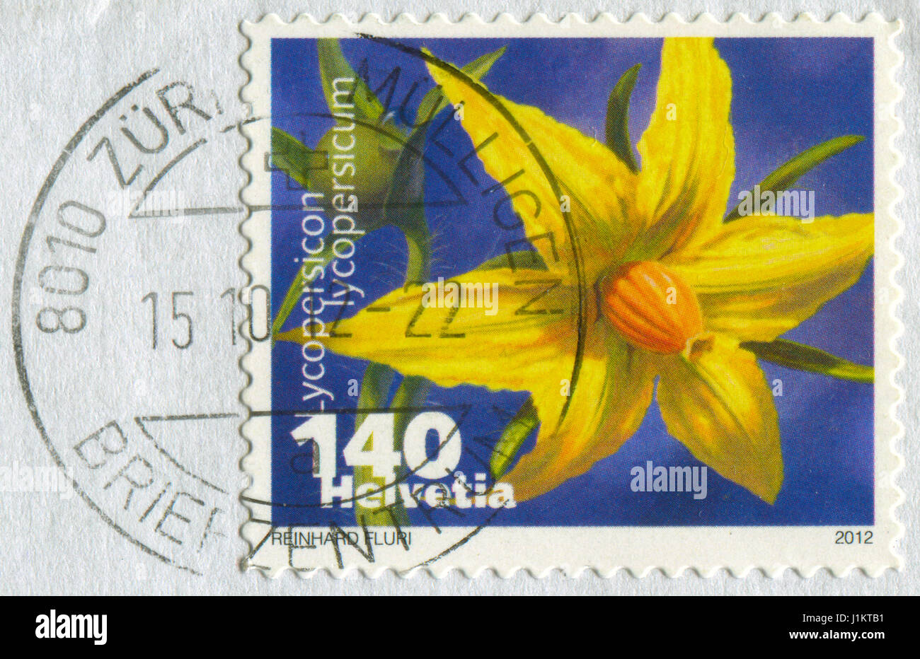 GOMEL, BELARUS, APRIL 21, 2017. Stamp printed in Swizerland shows image of  The tomato, Lycopersicon lycopersicum, was domesticated from a wild specie Stock Photo