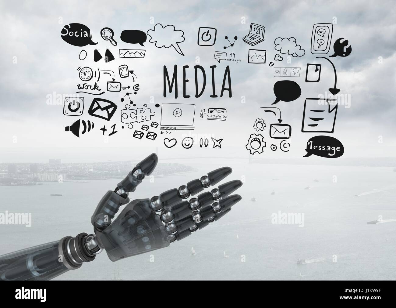 Digital composite of Android hand open and Media text with drawings ...