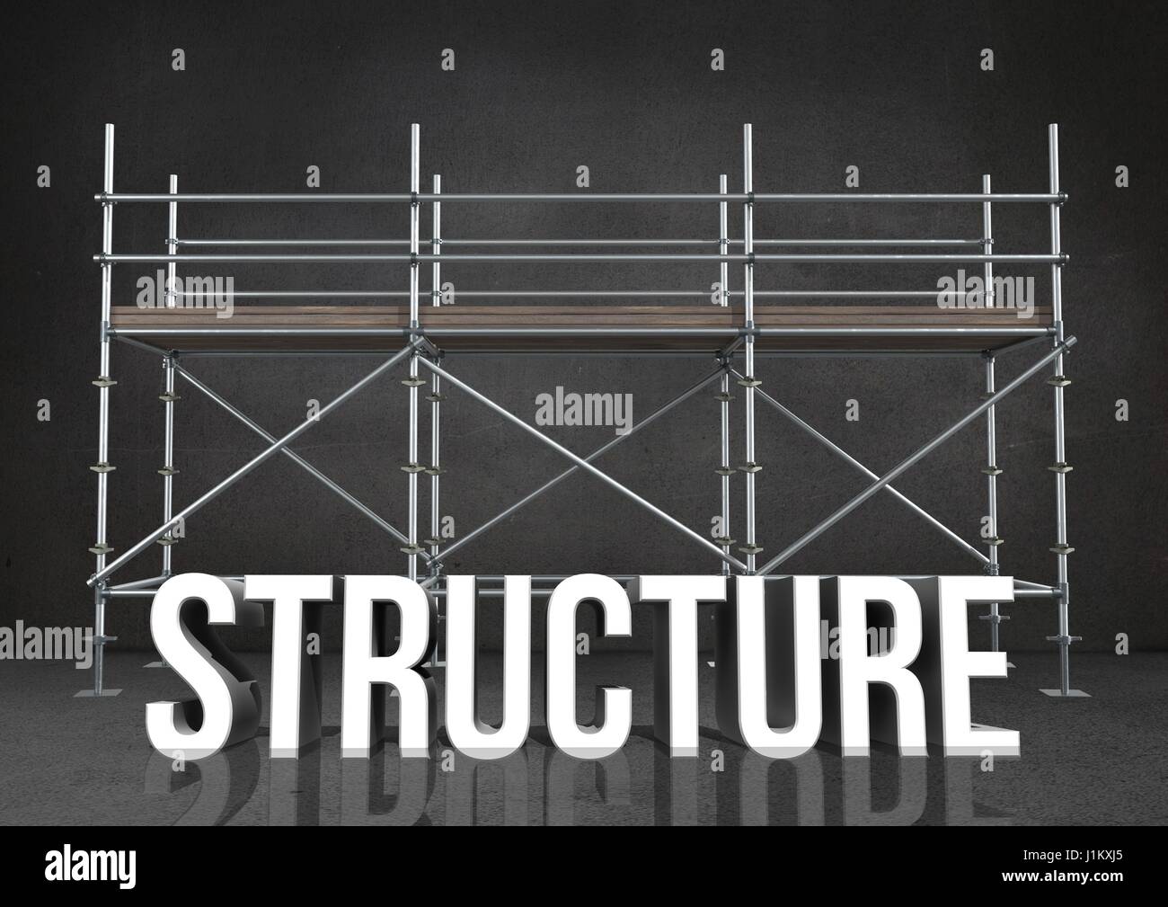 Digital composite of 3D word structure against scaffolding in grey room