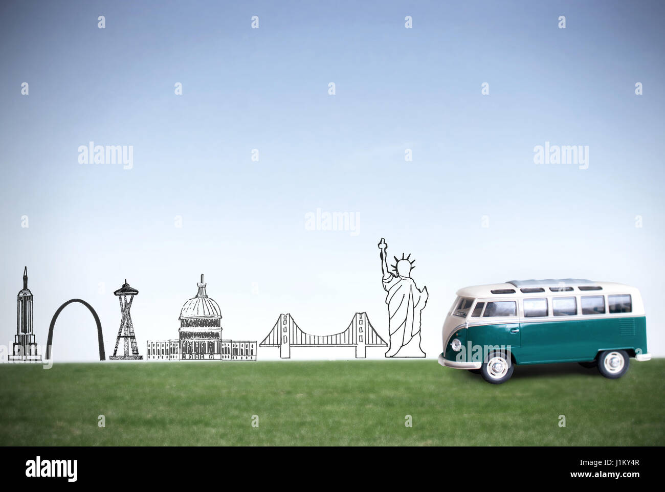 American landmarks sketch with van on the horizon Stock Photo