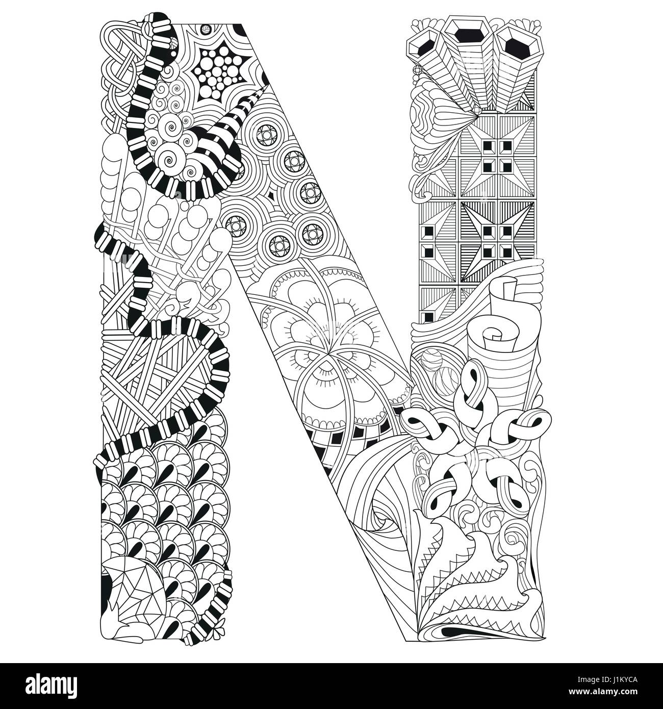 Letter N for coloring. Vector decorative zentangle object Stock Vector