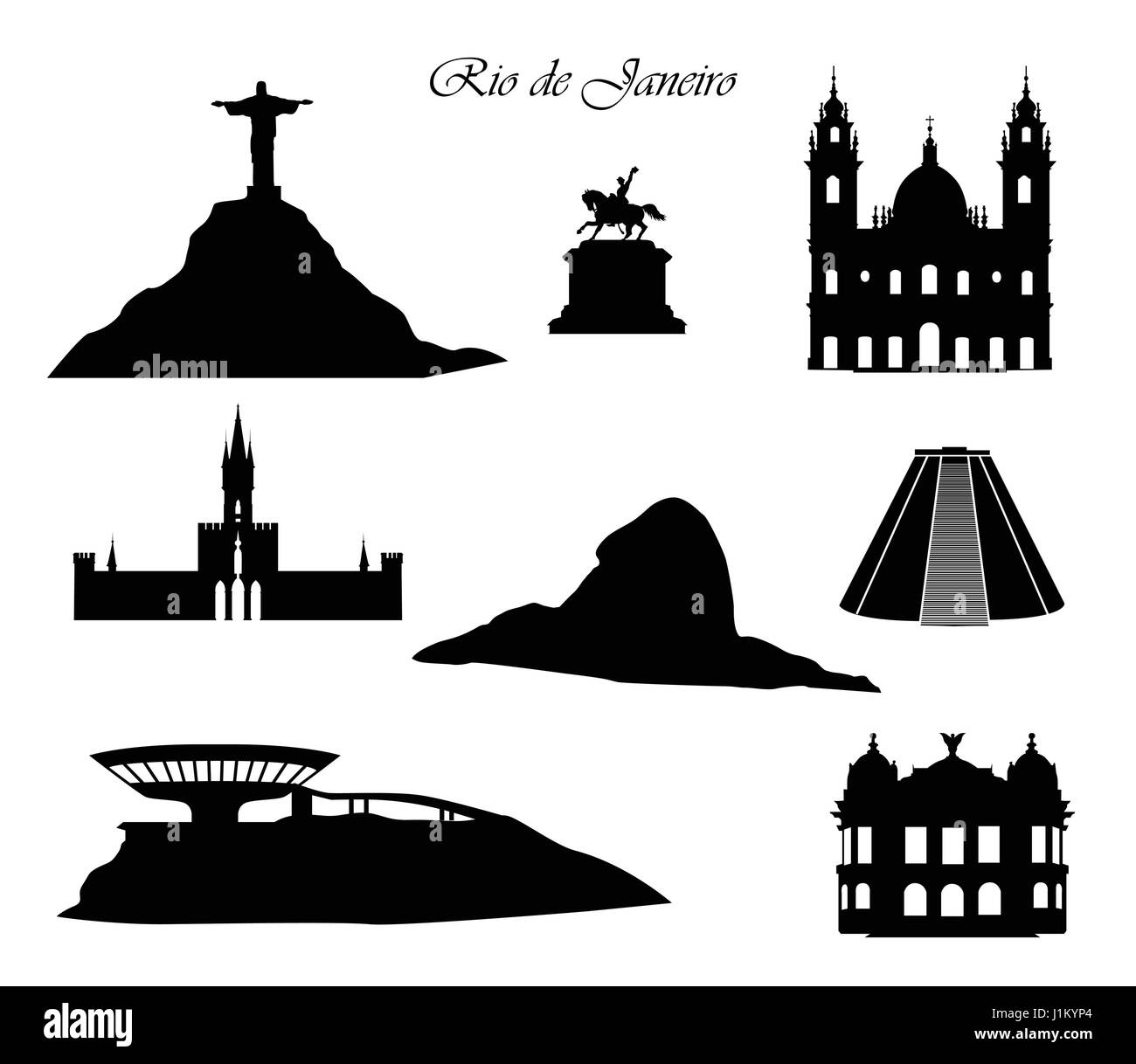 Rio de Janeiro city signs. Landmarks set. Cityscape silhouette with buildings and mountains. Stock Vector