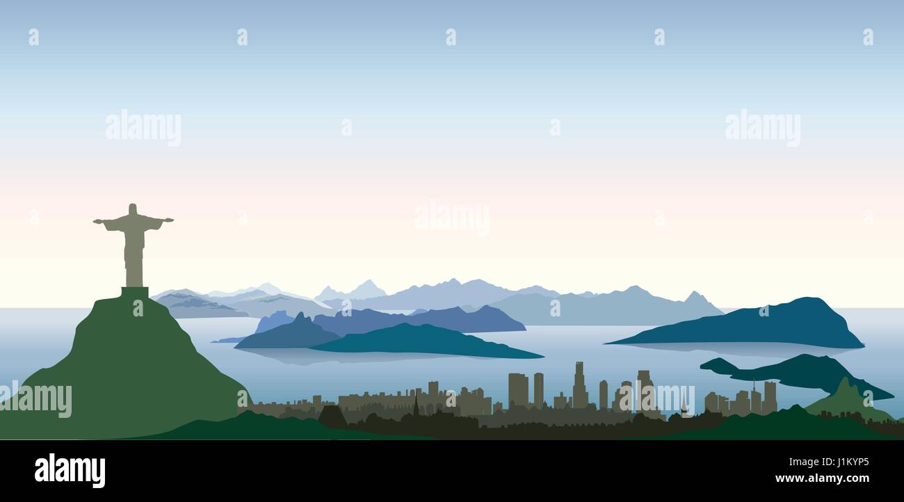 Rio de Janeiro city lagoon skyline. Cityscape silhouette with mountains ...