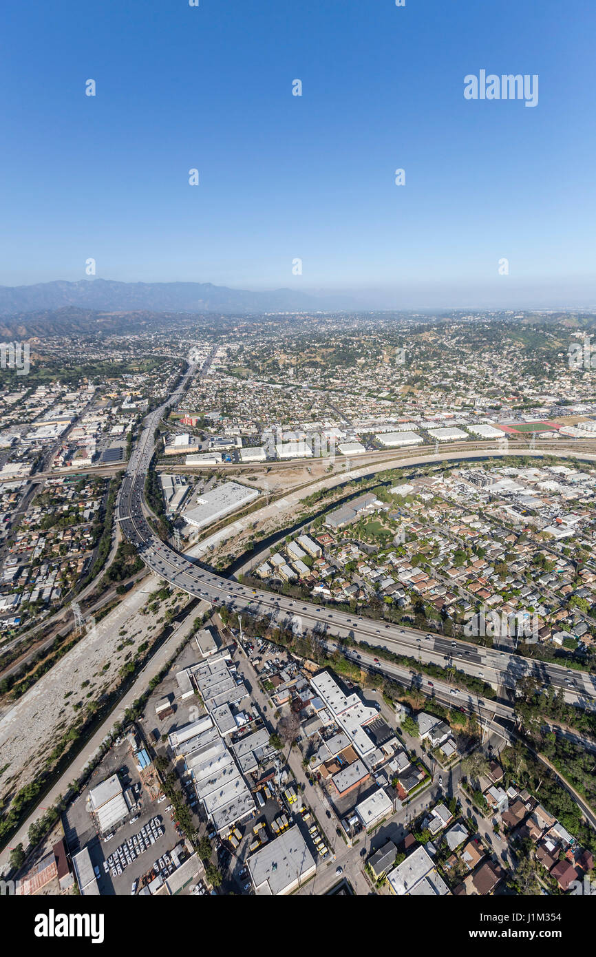 Aerial view of the Glendale Freeway and Los Angeles River in Southern