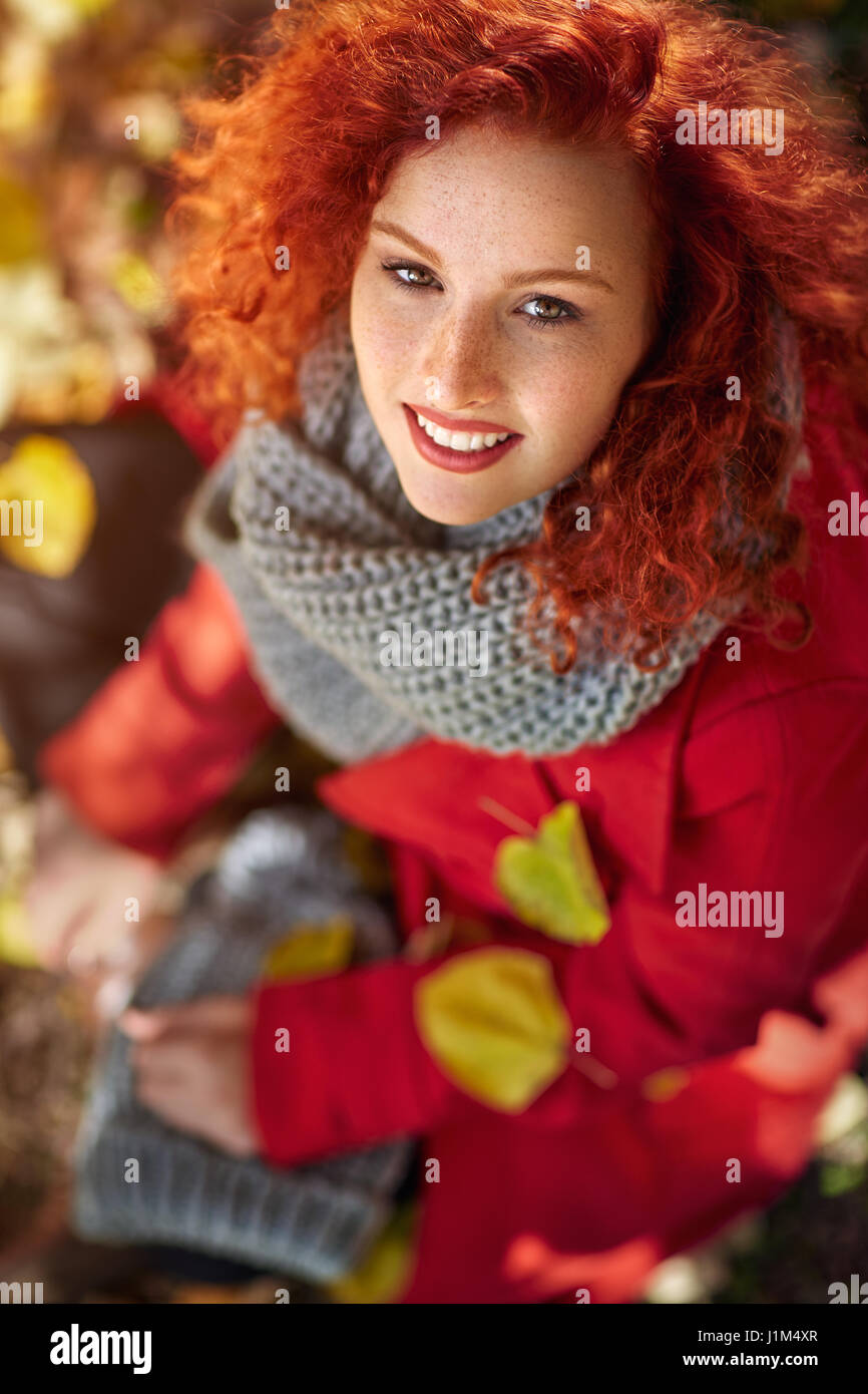 Curly ginger girl outside in autumn Stock Photo Alamy