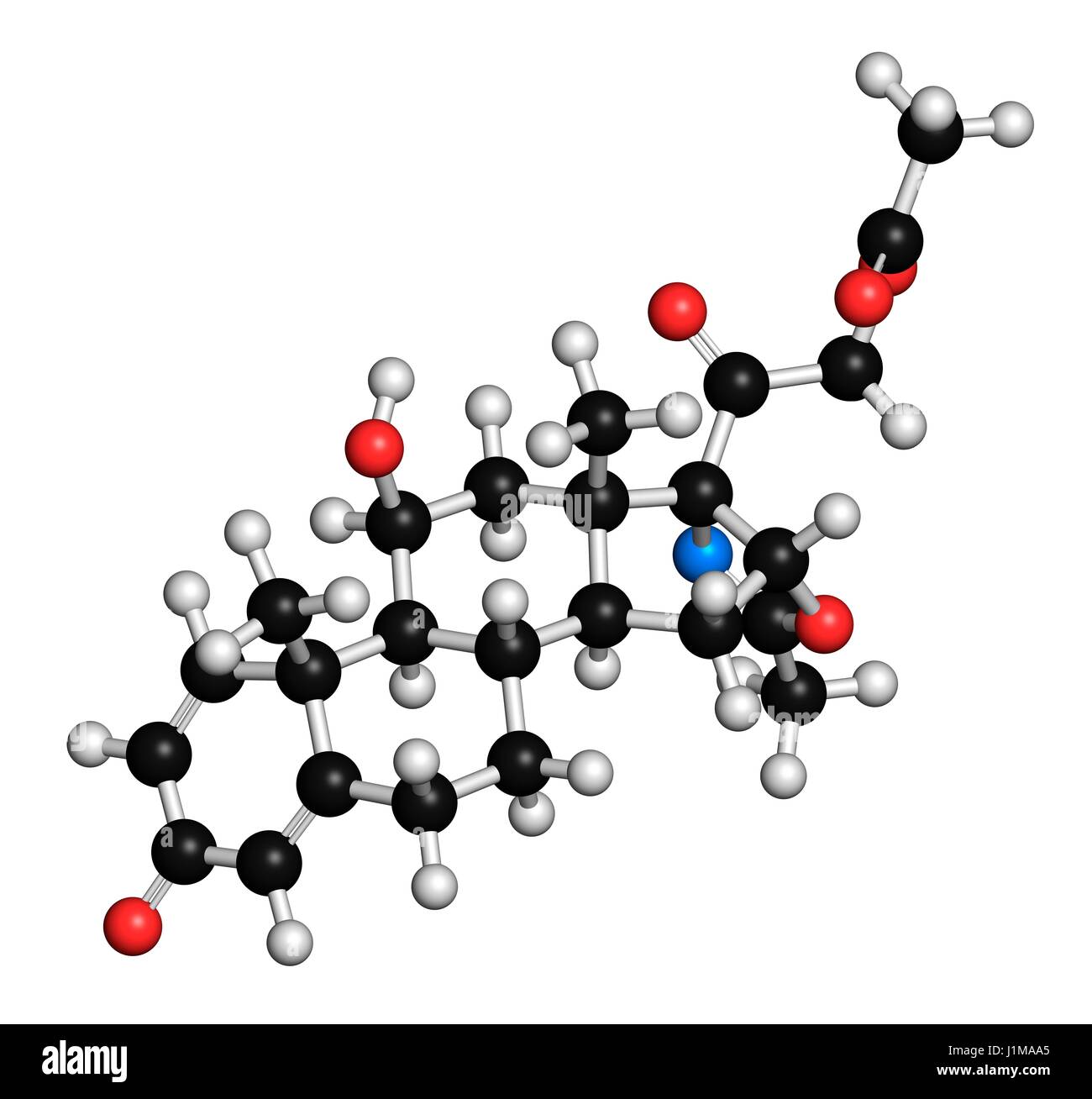Deflazacort glucocorticoid drug molecule. 3D rendering. Atoms are ...