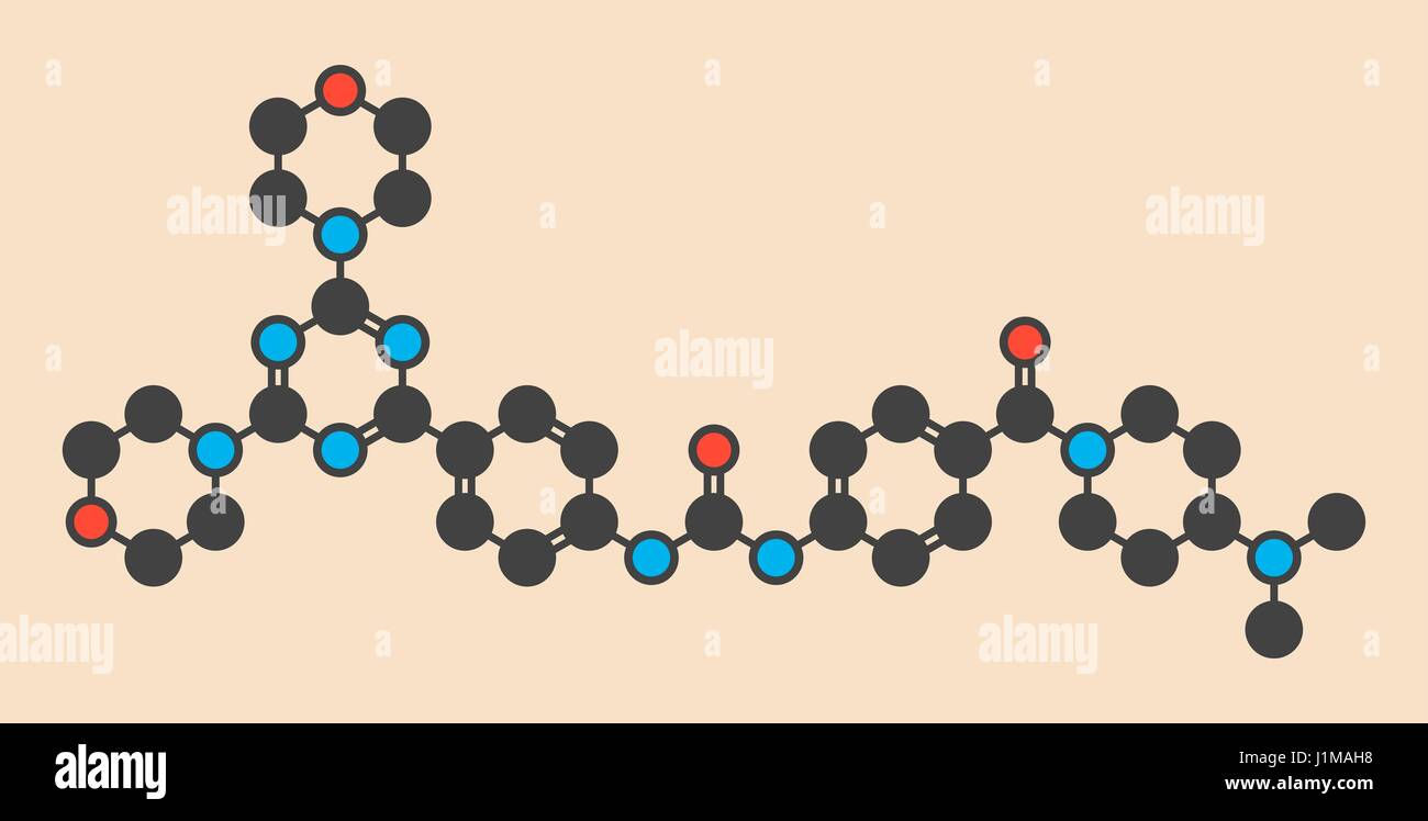 Gedatolisib cancer drug molecule. Stylized skeletal formula (chemical structure): Atoms are shown as color-coded circles: hydrogen (hidden), carbon (grey), nitrogen (blue), oxygen (red). Stock Photo
