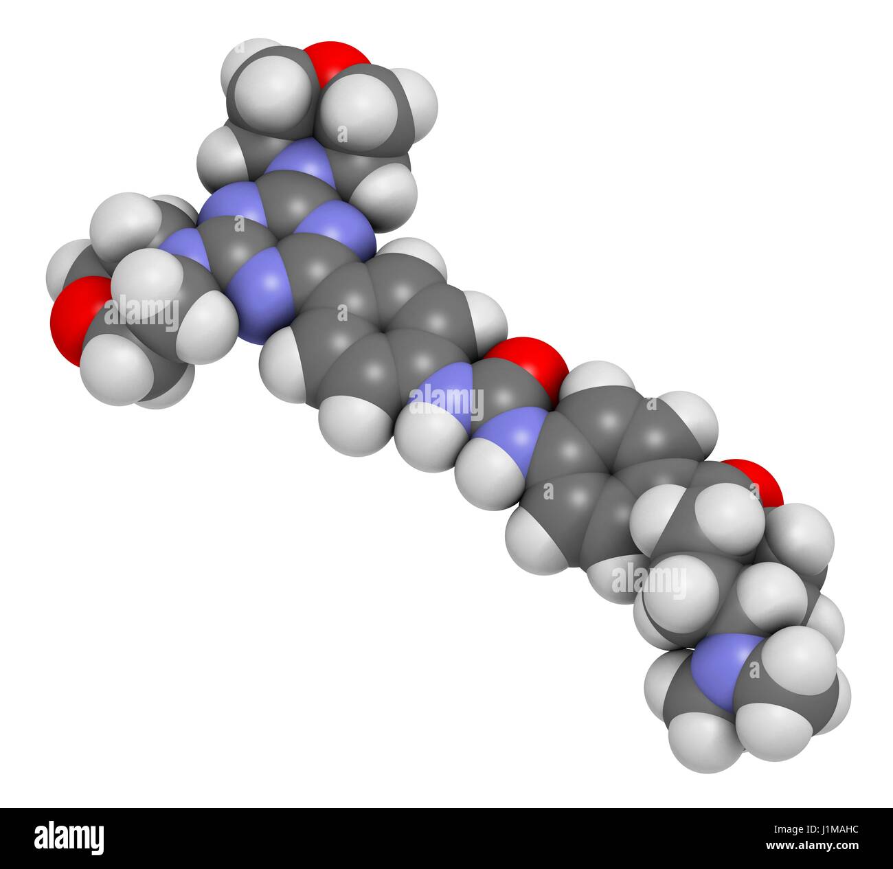 Gedatolisib cancer drug molecule. 3D rendering. Atoms are represented as spheres with conventional colour coding: hydrogen (white), carbon (grey), nitrogen (blue), oxygen (red). Stock Photo