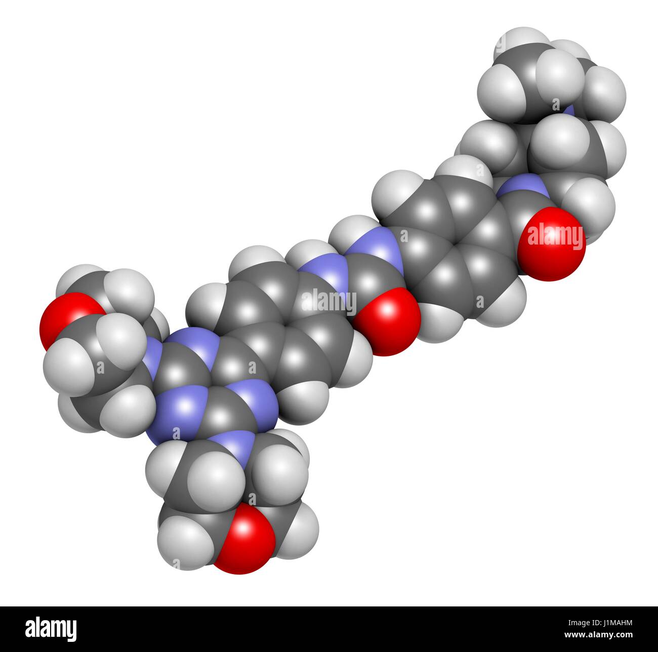 Gedatolisib cancer drug molecule. 3D rendering. Atoms are represented as spheres with conventional colour coding: hydrogen (white), carbon (grey), nitrogen (blue), oxygen (red). Stock Photo