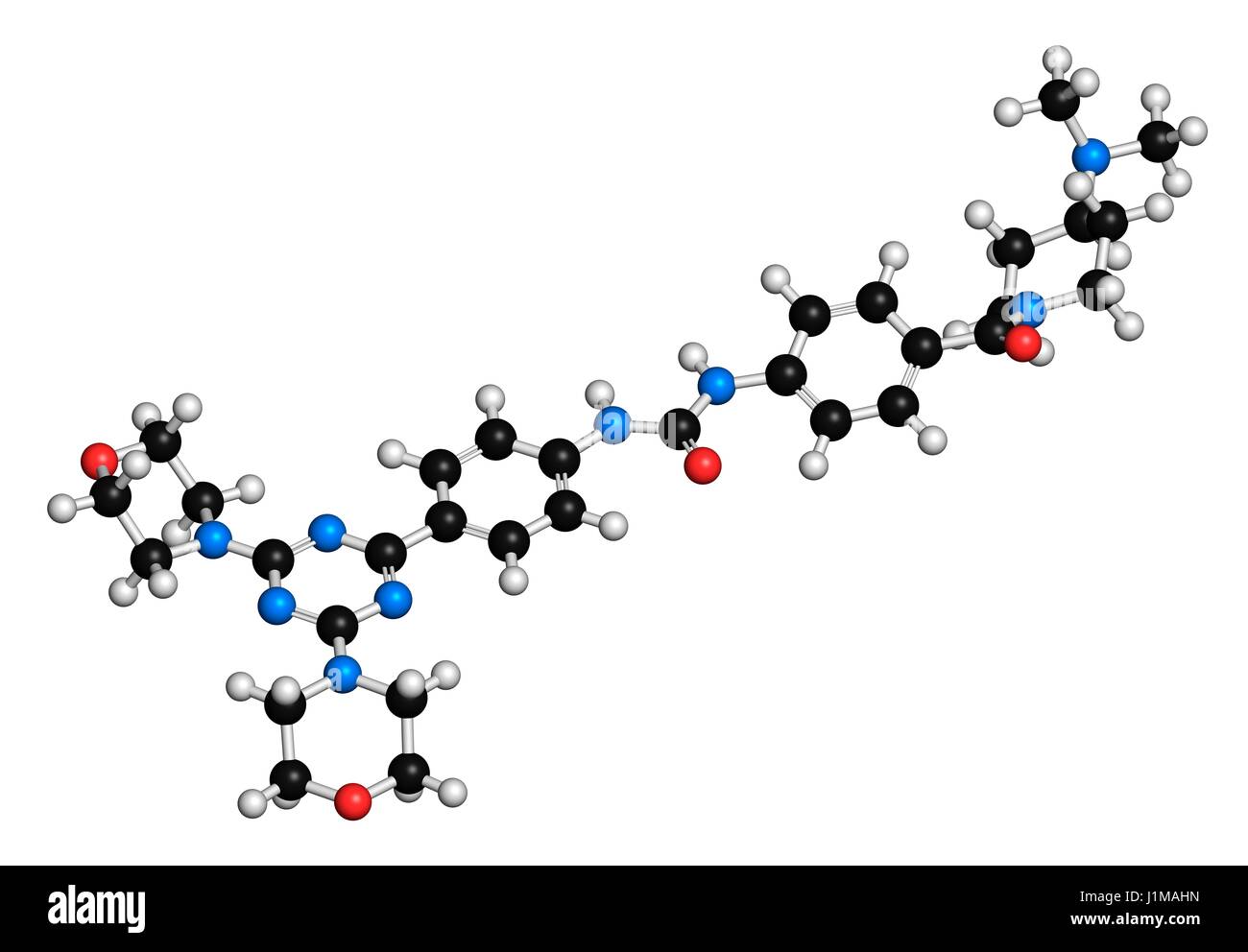 Gedatolisib cancer drug molecule. 3D rendering. Atoms are represented as spheres with conventional colour coding: hydrogen (white), carbon (black), nitrogen (blue), oxygen (red). Stock Photo