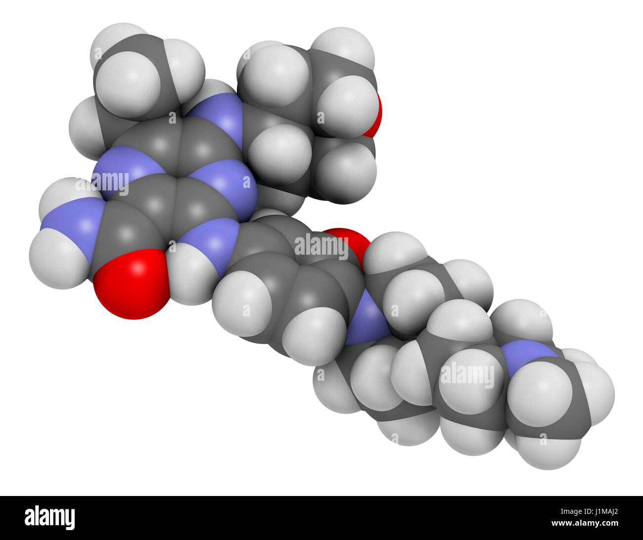 Gilteritinib cancer drug molecule (kinase inhibitor). 3D rendering. Atoms are represented as spheres with conventional colour coding: hydrogen (white), carbon (grey), nitrogen (blue), oxygen (red). Stock Photo