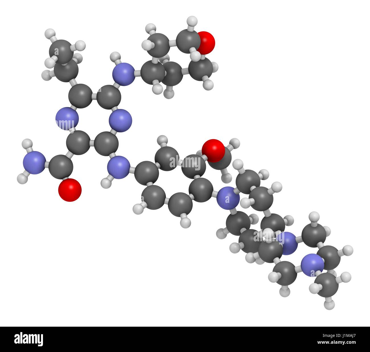 Gilteritinib cancer drug molecule (kinase inhibitor). 3D rendering. Atoms are represented as spheres with conventional colour coding: hydrogen (white), carbon (grey), nitrogen (blue), oxygen (red). Stock Photo