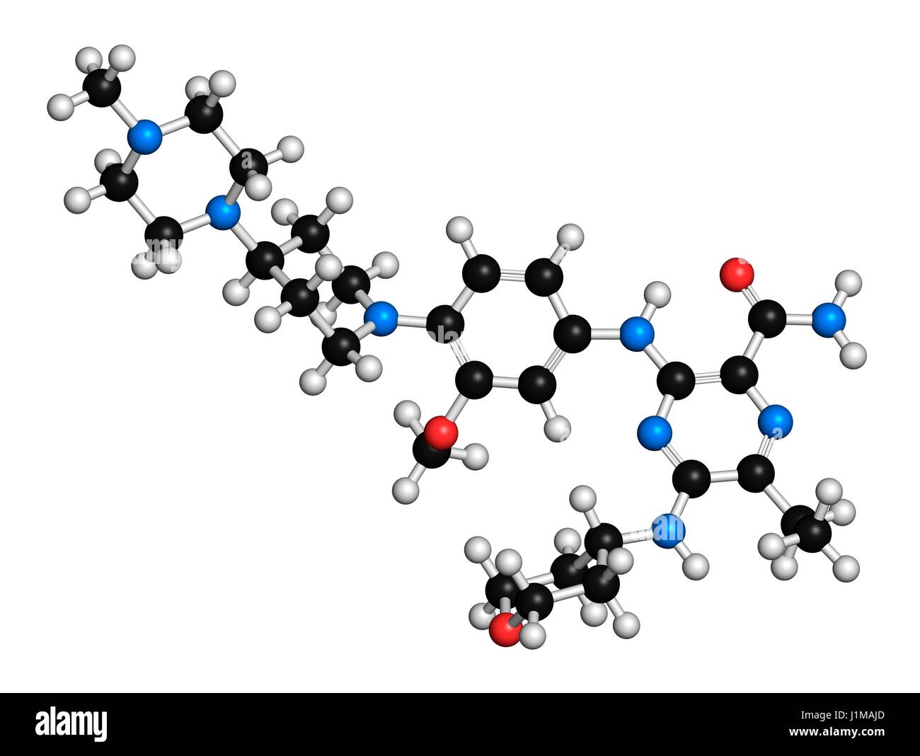 Gilteritinib cancer drug molecule (kinase inhibitor). 3D rendering. Atoms are represented as spheres with conventional colour coding: hydrogen (white), carbon (black), nitrogen (blue), oxygen (red). Stock Photo