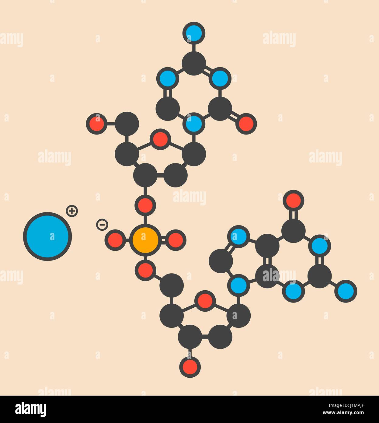 Guadecitabine cancer drug molecule (DNA methyltransferase inhibitor). Stylized skeletal formula (chemical structure): Atoms are shown as color-coded circles: hydrogen (hidden), carbon (grey), nitrogen (blue), oxygen (red), phosphorus (orange). Stock Photo