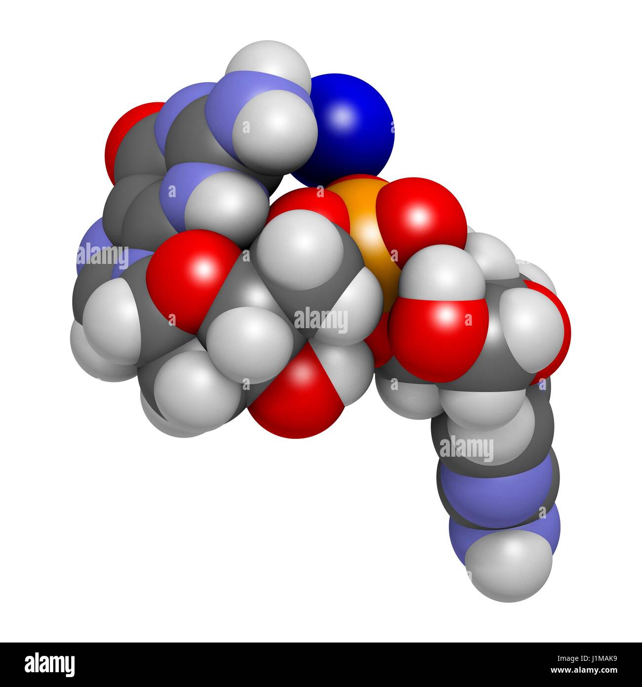 Guadecitabine cancer drug molecule (DNA methyltransferase inhibitor). 3D rendering. Atoms are represented as spheres with conventional colour coding: hydrogen (white), carbon (grey), nitrogen (blue), oxygen (red), phosphorus (orange). Stock Photo