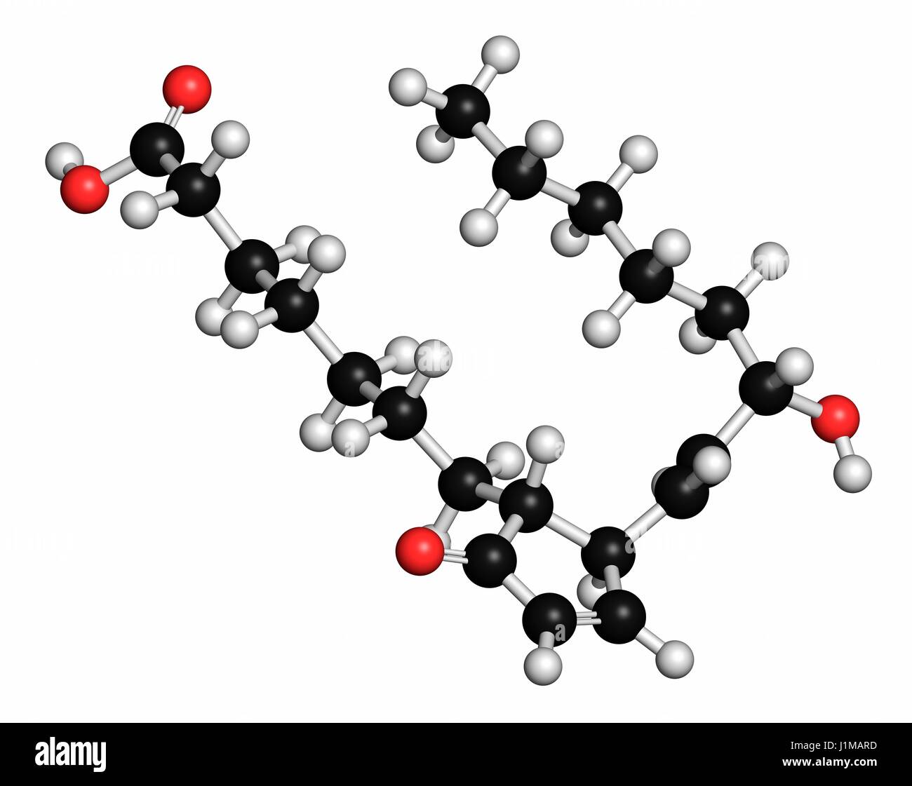 Prostaglandin A1 molecule. Atoms are represented as spheres with