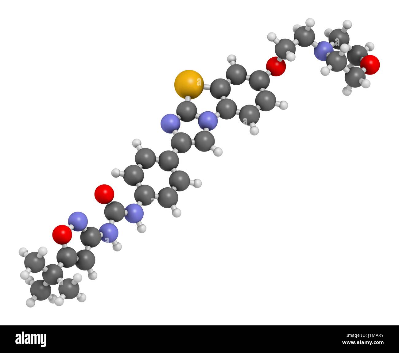 Quizartinib cancer drug molecule (kinase inhibitor). 3D rendering. Atoms are represented as spheres with conventional colour coding: hydrogen (white), carbon (grey), nitrogen (blue), oxygen (red), sulfur (yellow). Stock Photo