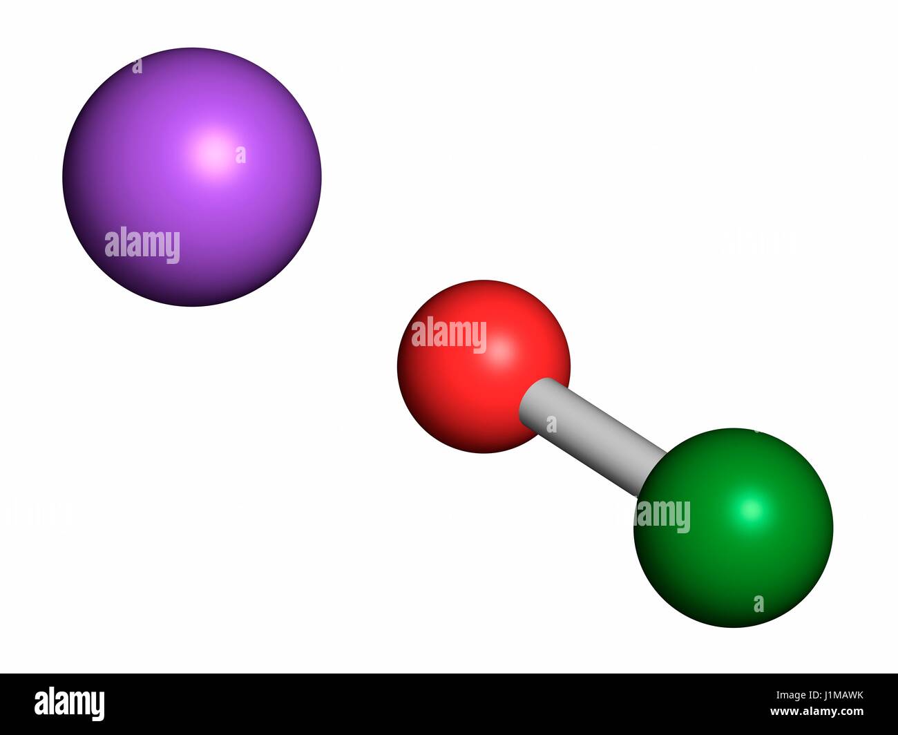 Sodium hypochlorite (NaOCl) molecule. Aqueous solution is known as (liquid) bleach. Atoms are represented as spheres with conventional colour coding: chlorine (green), oxygen (red), sodium (purple). Stock Photo