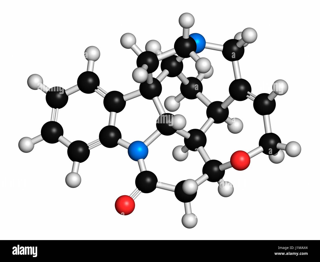 Strychnine poisonous alkaloid molecule. Isolated from Strychnos nux-vomica tree. Atoms are represented as spheres with conventional colour coding: hydrogen (white), carbon (grey), oxygen (red), nitrogen (blue). Stock Photo